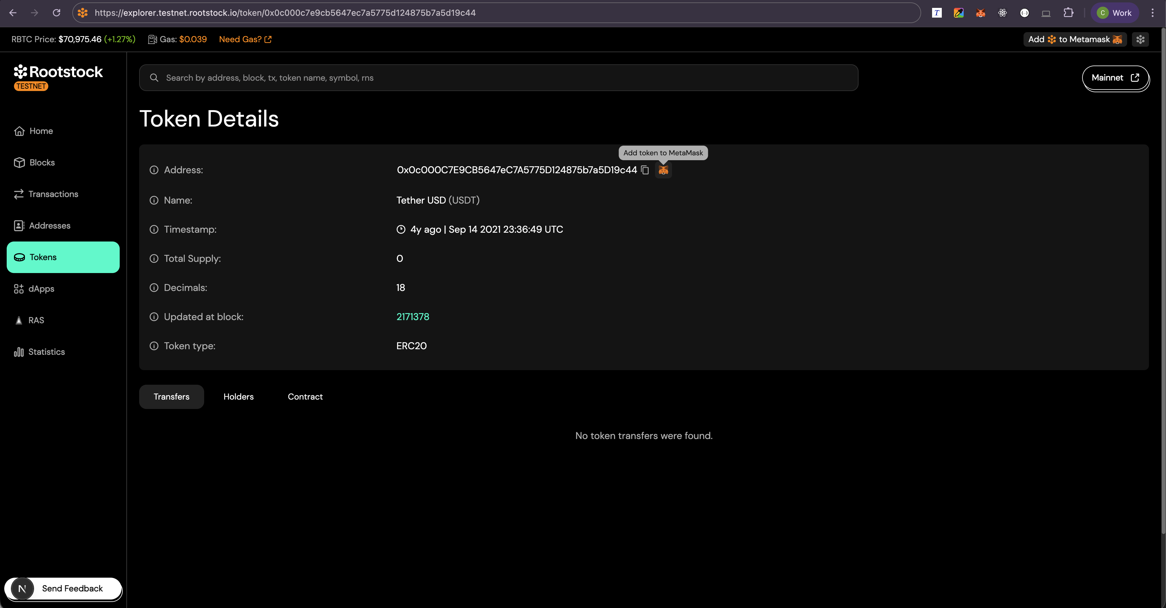 MetaMask icon next to the token contract address on the Rootstock Explorer token page
