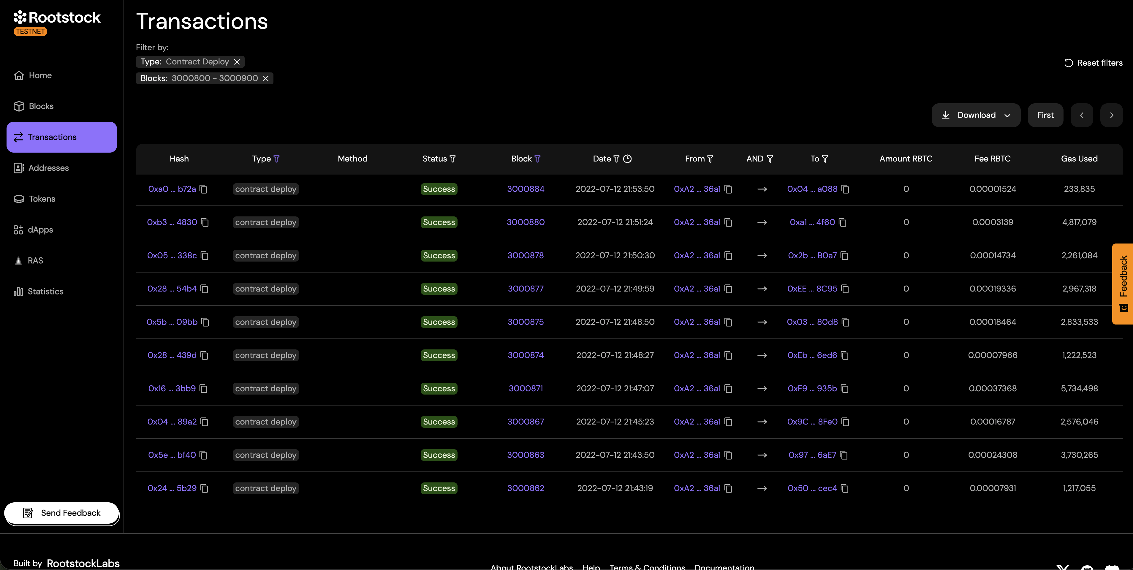 Advanced Transactions Filter: Contract deploy with block range